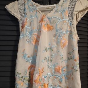 Floral Embroidered Blouse in Cream and Blue